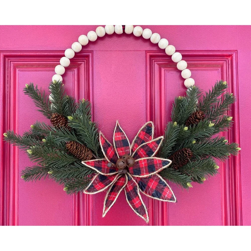 Plaid Christmas Beaded Wreath, Holiday Beaded Plaid Wreath, Bells, Pinecones